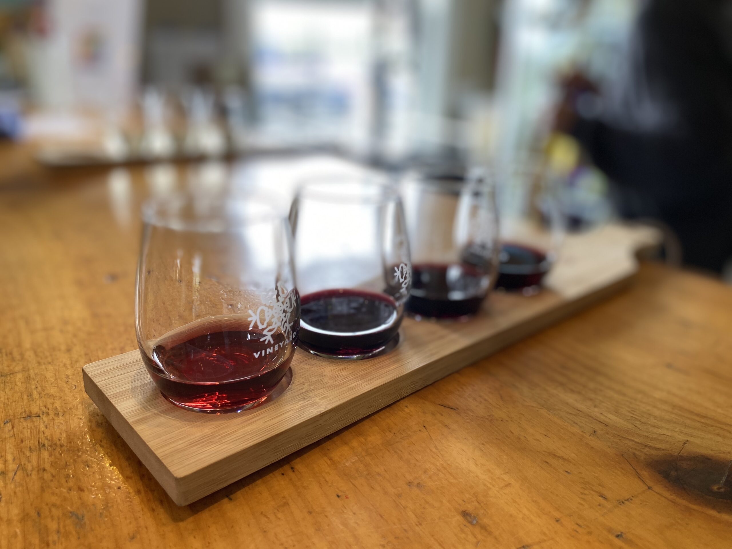Wine flight on a bar with vermont wine types