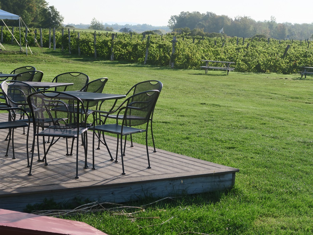 wine tasting patio outdoor chairs overlooking vineyard