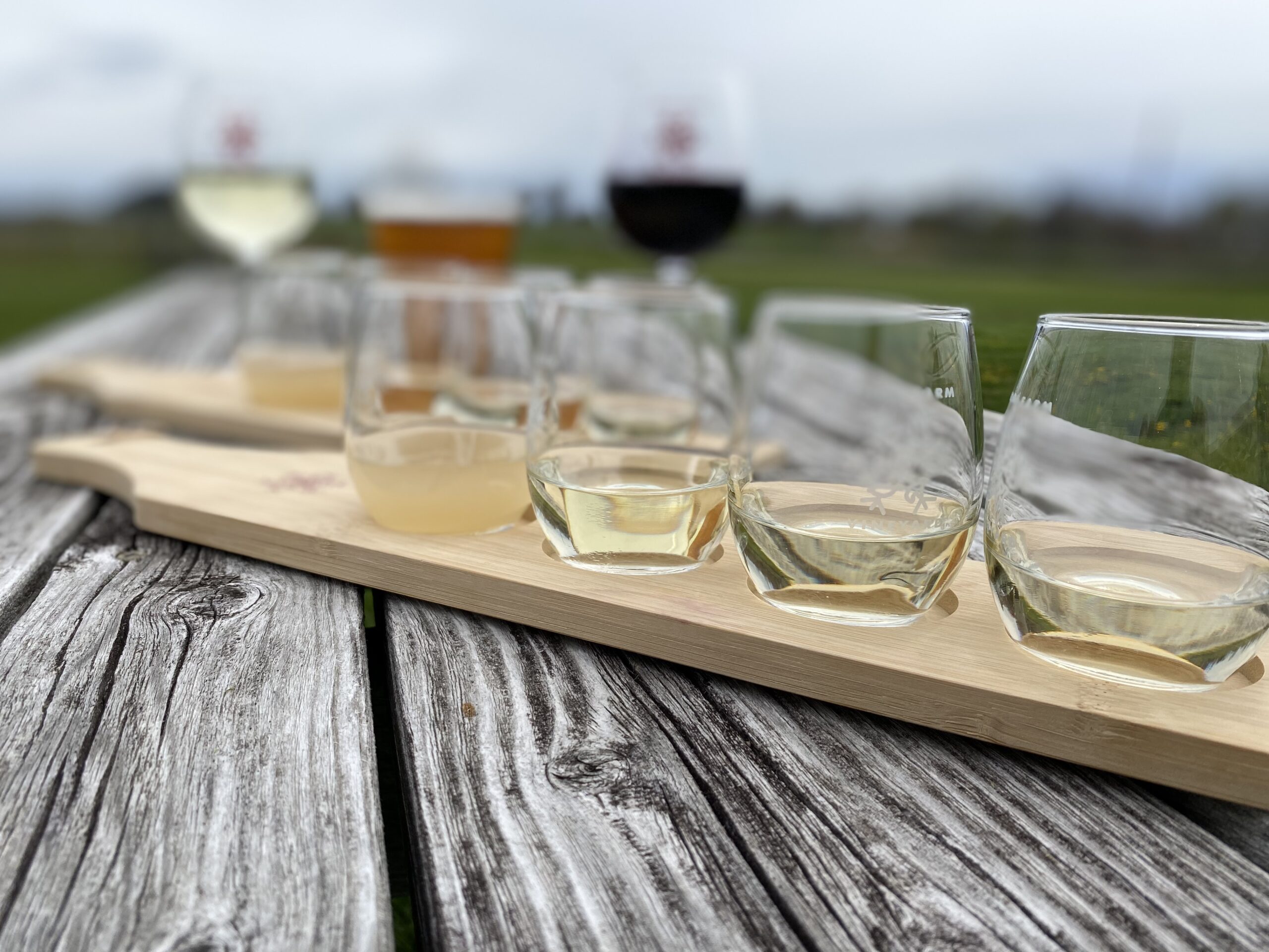 wine tasting board on a picnic table outside