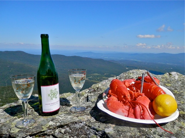 picnic with wine and lobster atop a mountain smugglers notch
