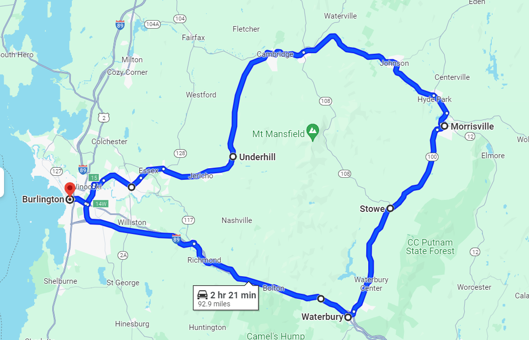 map of a vermont scenic drive